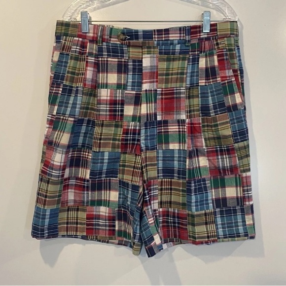Berle Multicolor Madras Plaid‎ Patchwork Pleated 9.5” Shorts Mens Size 34 (1119) - Picture 1 of 4